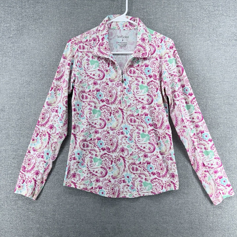 San Soleil Golf 1/4 Zip Pullover Women Size Small Paisley Pink Long Sleeve UV 50